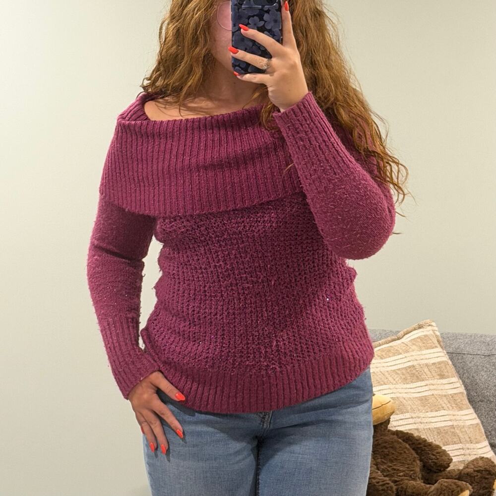 Candie's Plum Off Shoulder Foldover Knit Sweater L